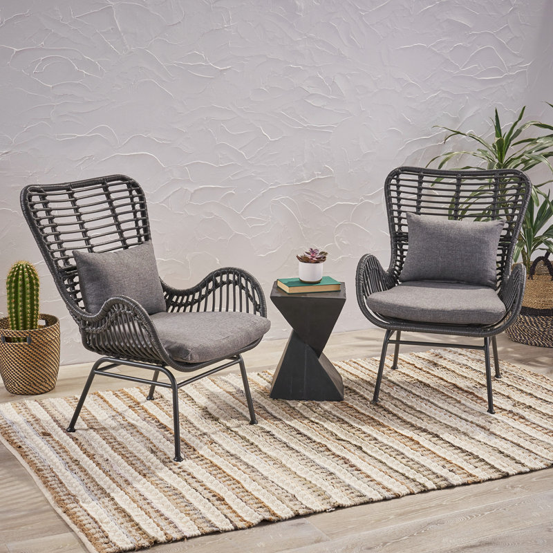 Ensemble de 2 chaises de patio en osier avec coussins, Coussin gris / panneau gris