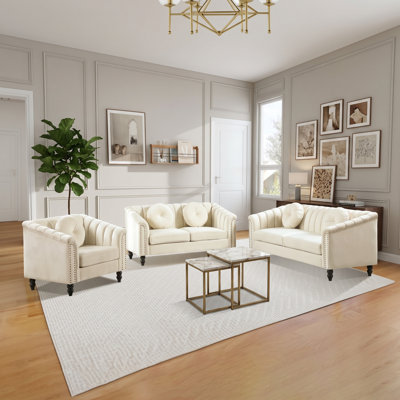 White 3-Piece Living Room Set with Channel-Tufted Sofa, Loveseat and Armchair