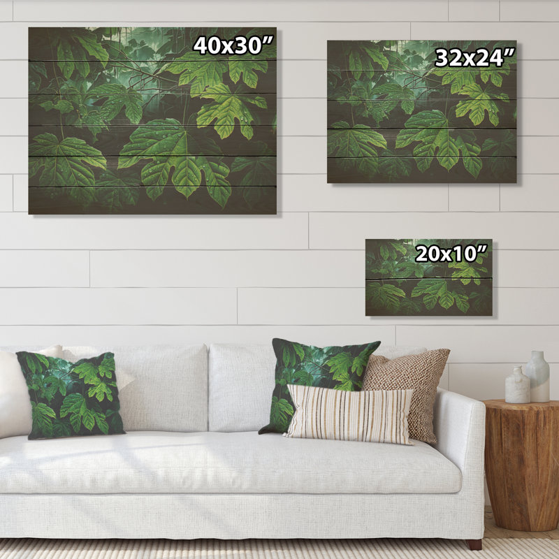 Emerald Canopy Rainforest Leaves - Leaves Wood Wall Art On Natural Pine Wood, 30" H x 40" W