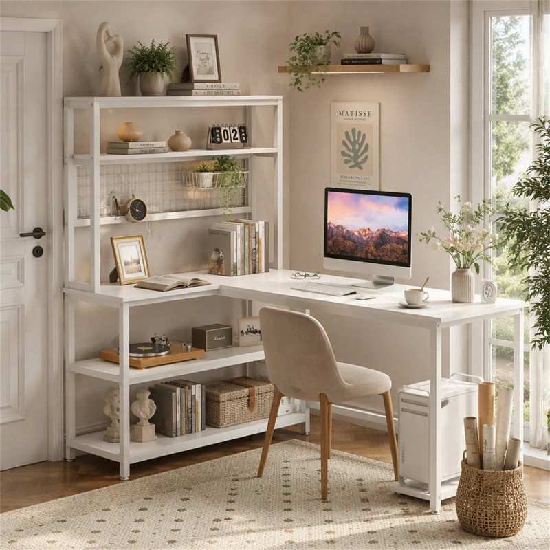 55" Reversible L-Shaped Desk, Computer Desk with Wireless Charging & Hutch