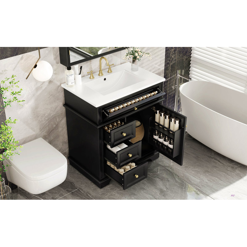 Meuble-lavabo de 30 po avec lavabo, un tiroir basculant, trois tiroirs, tablette de porte, porte à fermeture douce, Noir