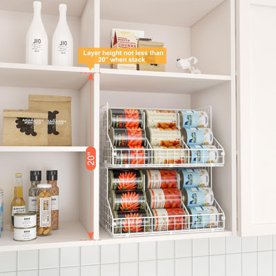 Stackable canned food storage rack; canned food organizer with 4 adjustable shelves; two-tier wire basket beverage/soda rack with 6 compartments; large capacity, ideal for kitchen cabinets and pantries; white