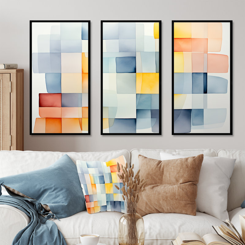 Motif de cubes multicolores V - art mural géométrique, Cadre flottant noir, H 40 po x l 61 po x P 1 po