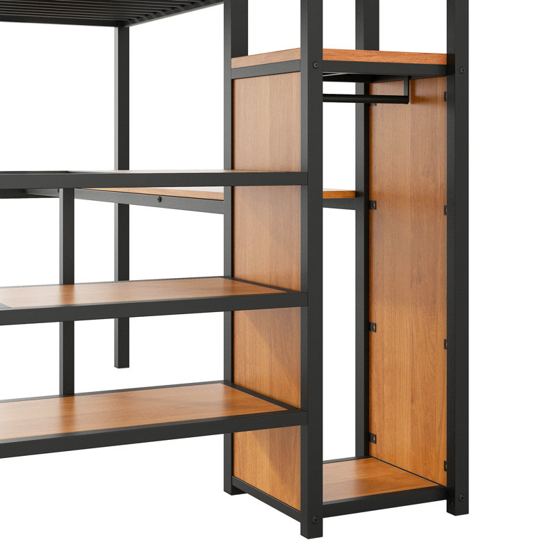 Lit mezzanine double en métal avec bureau, escalier de rangement, petite armoire et lumière DEL, noir, Noir