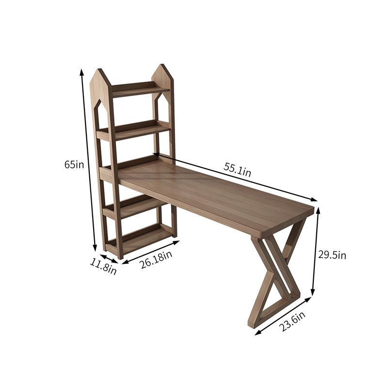 Bureau simple en bois de pin massif avec bibliothèque, H 65 po x l 55,1 po x P 23,6 po