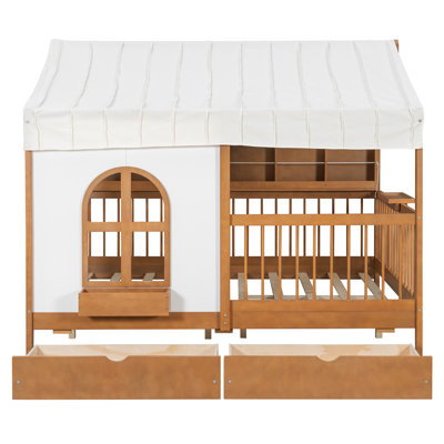 Full Size Kids House Bed with 2 Large Storage Drawers, Side Bookshelf & LED Lights, Walnut