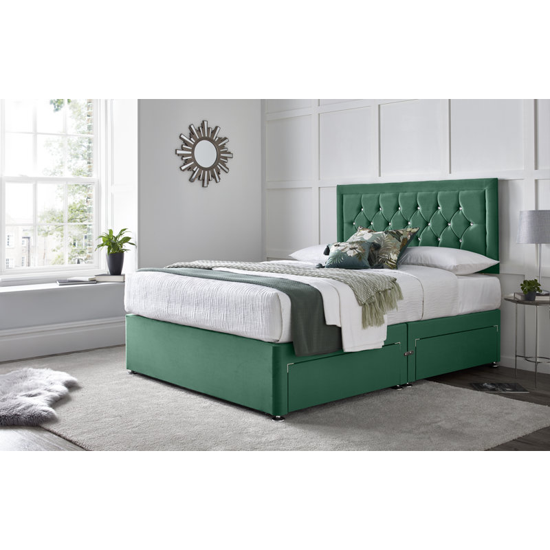Fly Princess Divan Bed with 24" Headboard on Struts, Green, Kingsize (5'), 2 Side Drawers