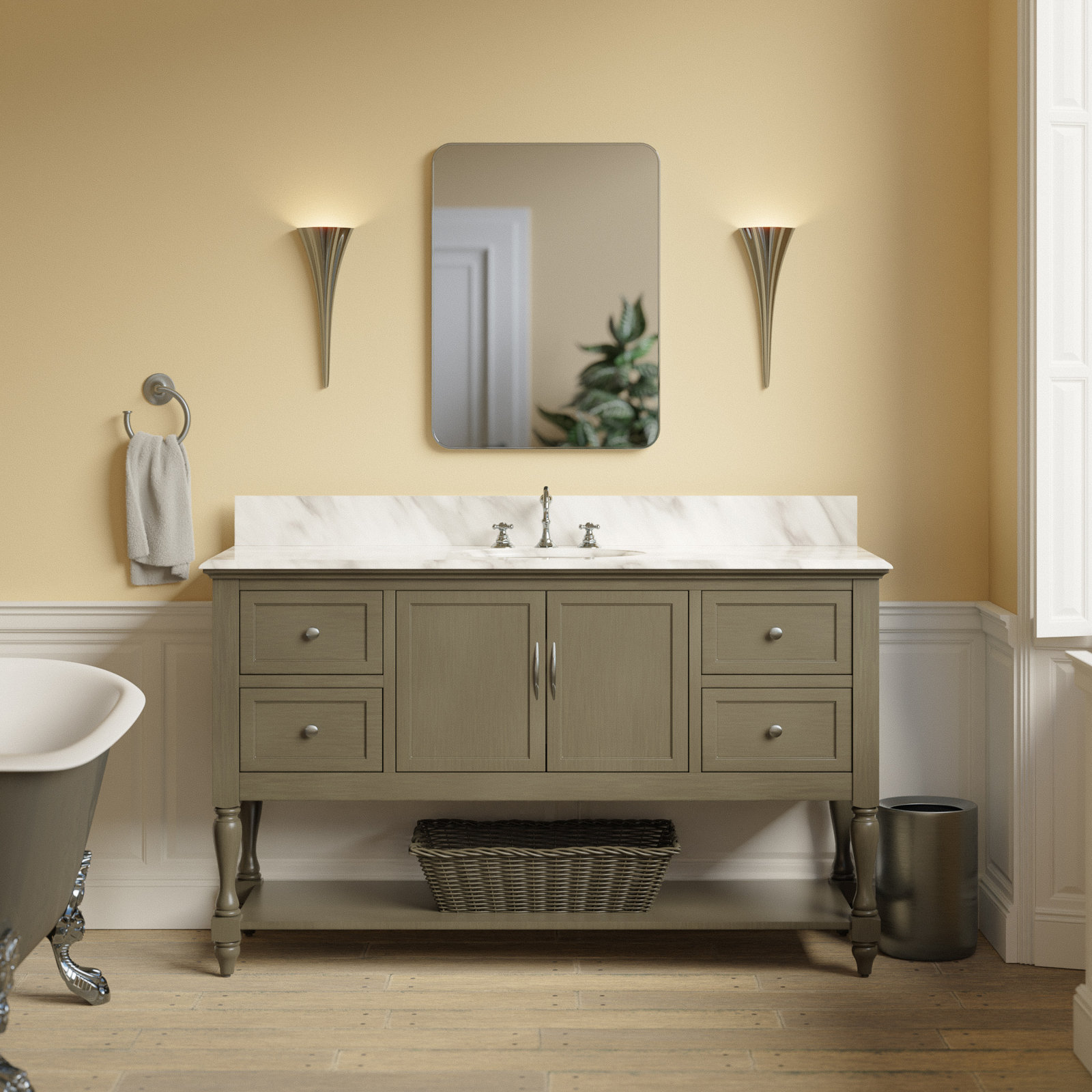 60 " Pine Single Bathroom Vanity, Powder Blue, Carrara Marble