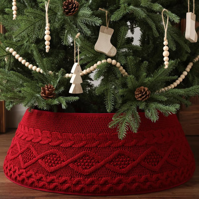 Knitted Christmas Tree Collar - Burgundy Cable Knit Tree Skirt With Diamond Pattern, Farmhouse Style Decor For 7.5Ft Artificial Xmas Tree, Cozy Holiday Home Indoor Decor