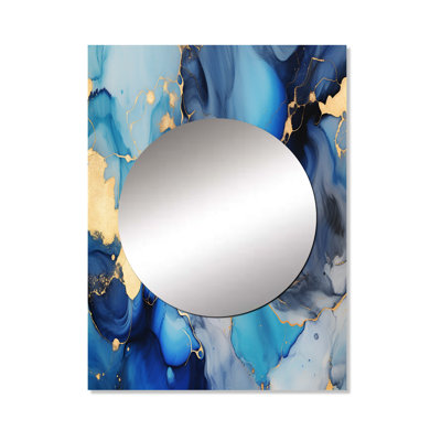 Savian Blue and Gold Luxury Abstract Fluid Art II - Fractals Large Mirror, Blue Unique Wall Mirror Decor, Printed Metal Art