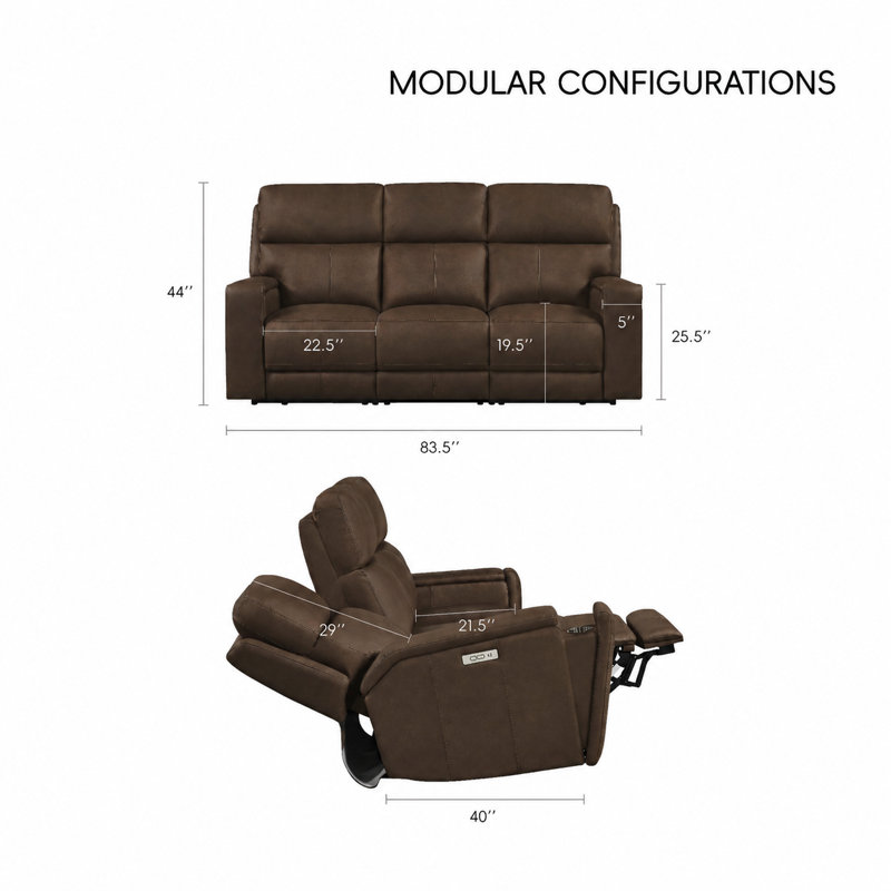Canapé 3 pièces en cuir véritable avec table rabattable et porte-gobelets escamotables, Marron foncé