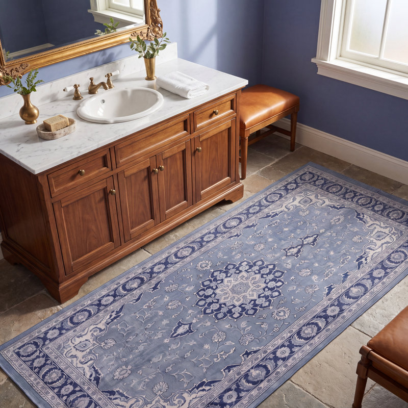 Tapis Laurel traditionnel, style persan audacieux, bleu, gris et crème, lavable à la machine, antidérapant, à poils courts, pour l'intérieur et l'extérieur, adapté aux animaux domestiques, idéal pour le salon, la chambre, la salle à manger, l'entrée, le couloir ou le bureau.