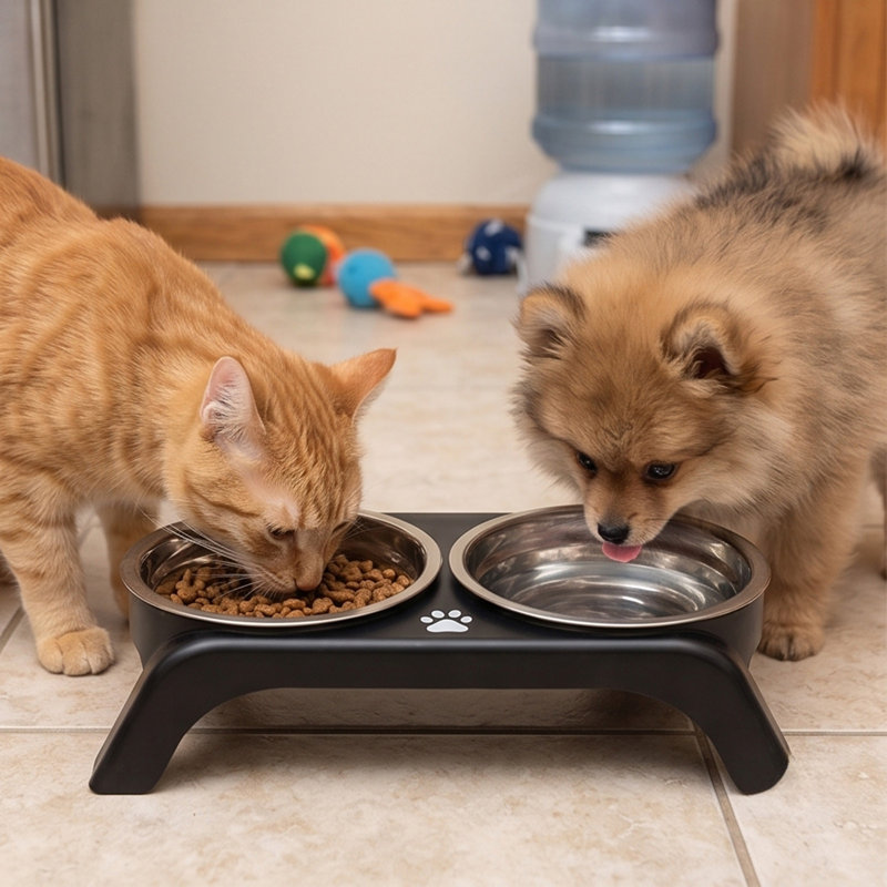 Elevated Stainless Steel Pet Double Bowl Large Capacity Secure Base Feeding Bowl, 11.02x2.76x1.77 in, Black, Black