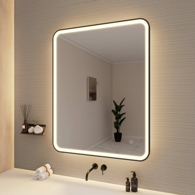 42 Round LED Front and Backlit Wall Mirror in Black, Black, 42" x 33"