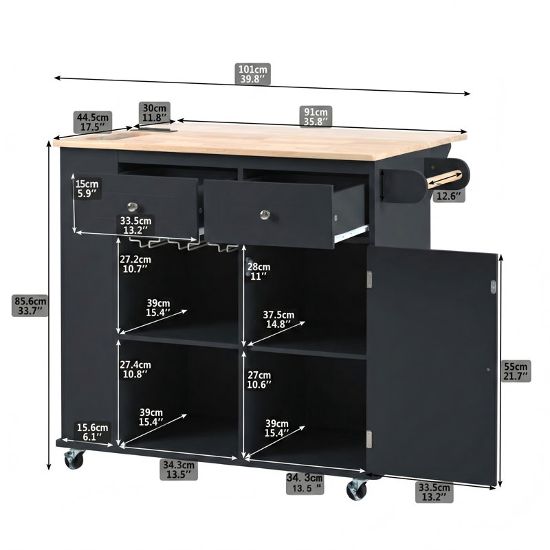 Îlot de cuisine avec prise de courant, surface à abattants et fabrication en bois d'hévéa, compartiment de rangement ouvert et support à vin, 5 roulettes, étagères de rangement réglables - pour la maison, la cuisine et la salle à manger, finition noire
