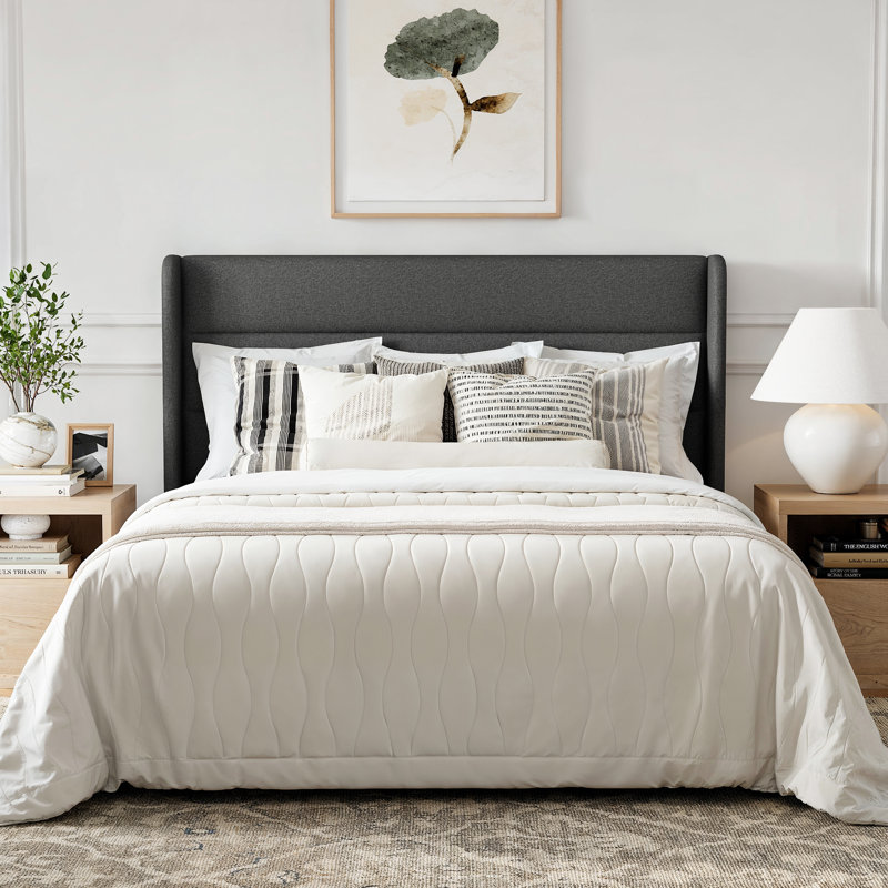 Queen Size Upholstered Platform Bed with Adjustable Headboard and Wooden Slats, Dark Grey, Queen, Gray