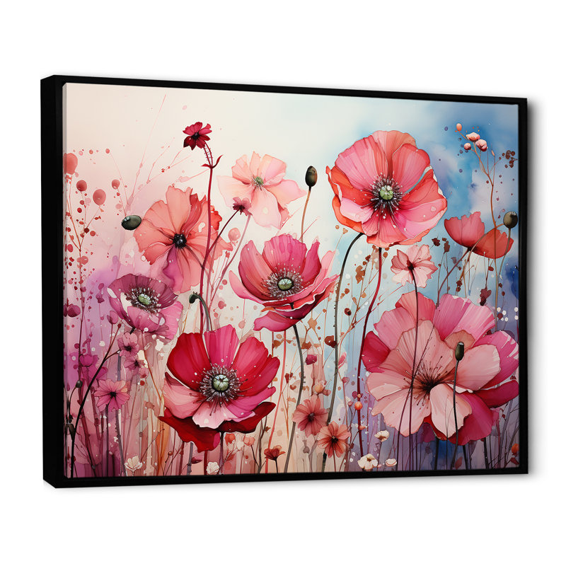 «Pink Crimson Flower Meadow Field VI», reproduction sur toile, H 24 po x l 32 po x P 0,5 po, Cadre flottant noir
