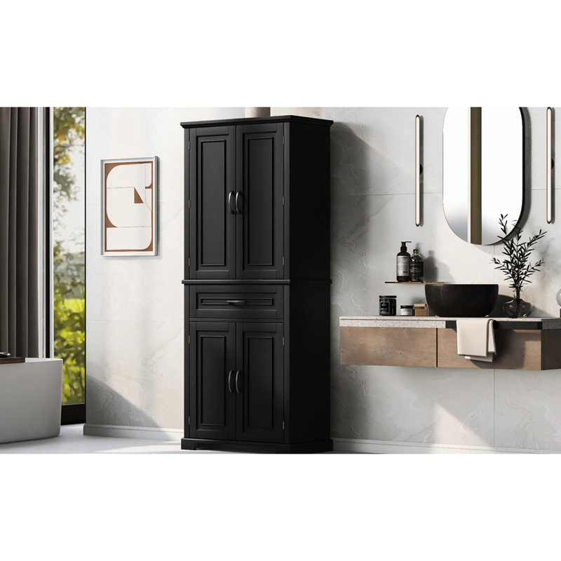 Rangement noir pour articles de salle de bain essentiels - charnières, armoire haute à tablette réglable avec tiroir et tablettes fixes