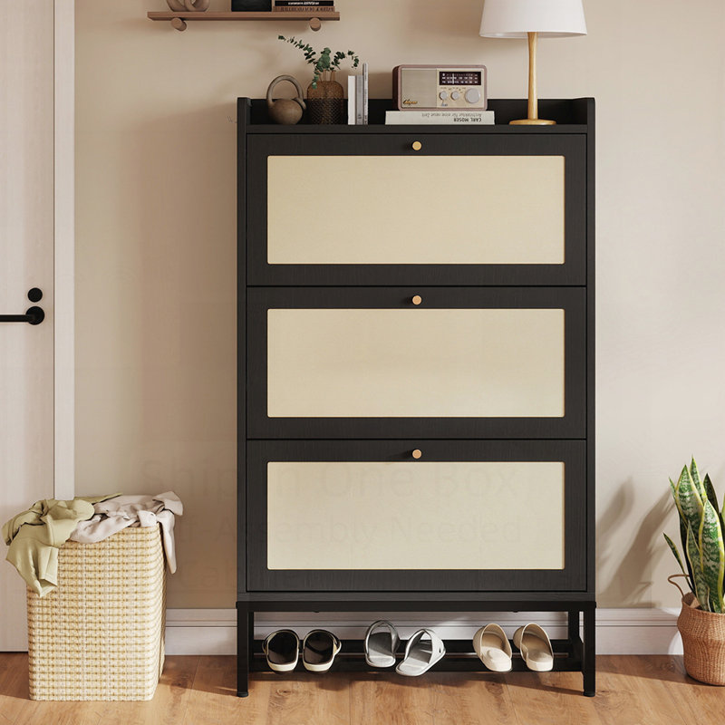Armoire de rangement pour chaussures mince avec 3 tiroirs rabattables, organisateur moderne autoportant pour 16 à 20 paires, conception en bois peu encombrante