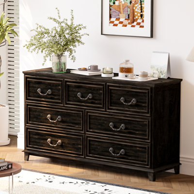 54" Wide 7-Drawer Dresser, Rustic Storage Chest Of Drawers With Anti-Tip Design, Dark Oak Finish For Bedroom