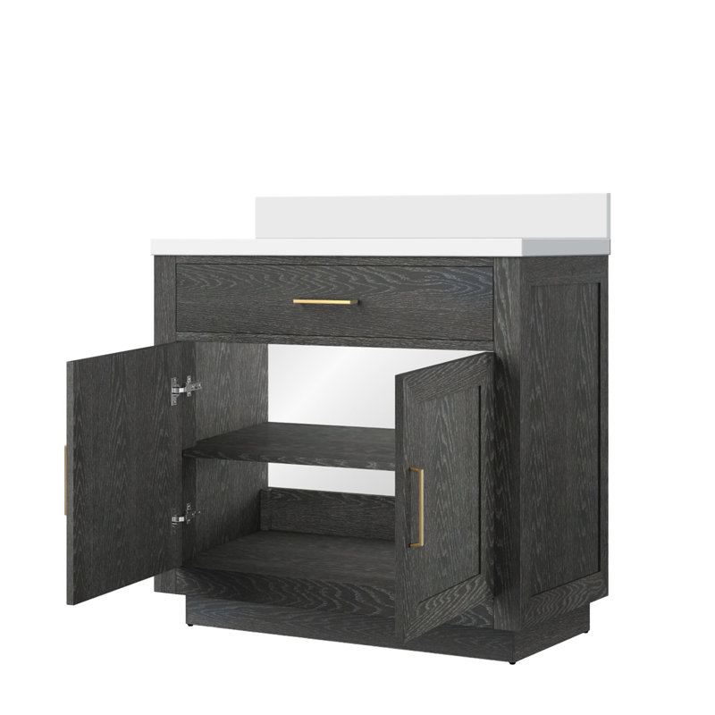 Meuble-lavabo en chêne noir 36 po x 22 po avec plateau en quartz blanc - structure en bois massif