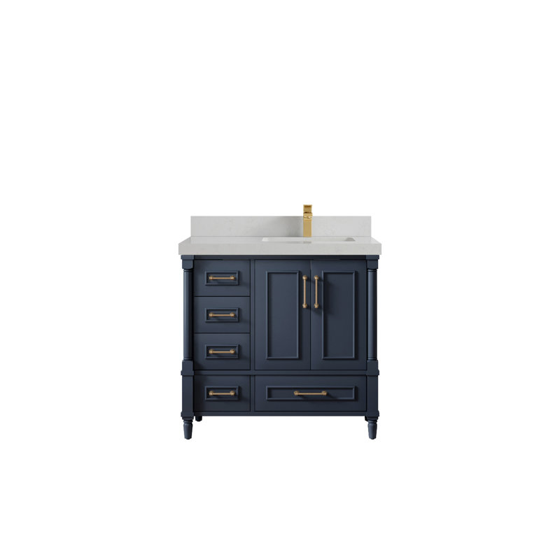 Hudson 36" Navy Blue Solid Wood Freestanding Vanity with White Quartz Top