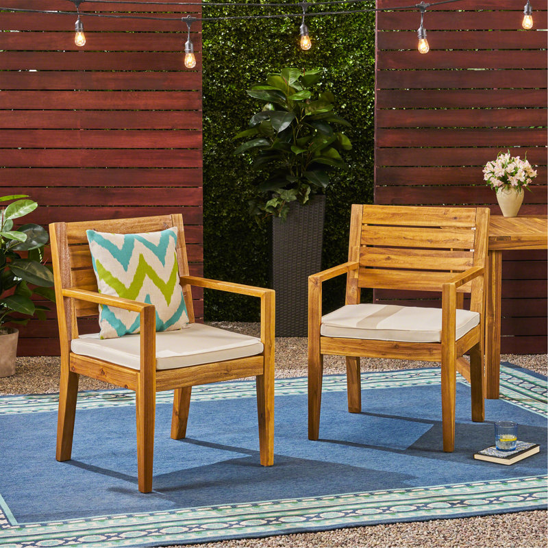 Ensemble de 2 chaises de salle à manger d'extérieur, sablé naturel teint avec coussin beige, Beige, Sablage naturel