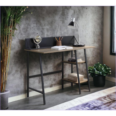 Bureaux, bureau en chêne rustique avec pieds en métal noir, tablette à 2 niveaux Support de téléphone | Chêne | Bois synthétique