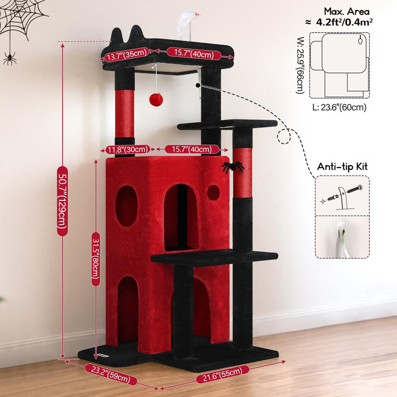 Tour à chat pour chats d'intérieur, maisonnette pour chat adulte de 50 pouces avec marches, Rouge / Noir