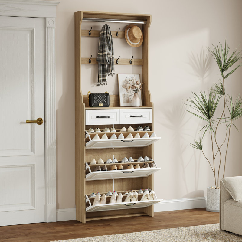 Armoire à chaussures avec 3 portes, 2 tiroirs avec support, porte en PVC avec forme, grand espace de rangement