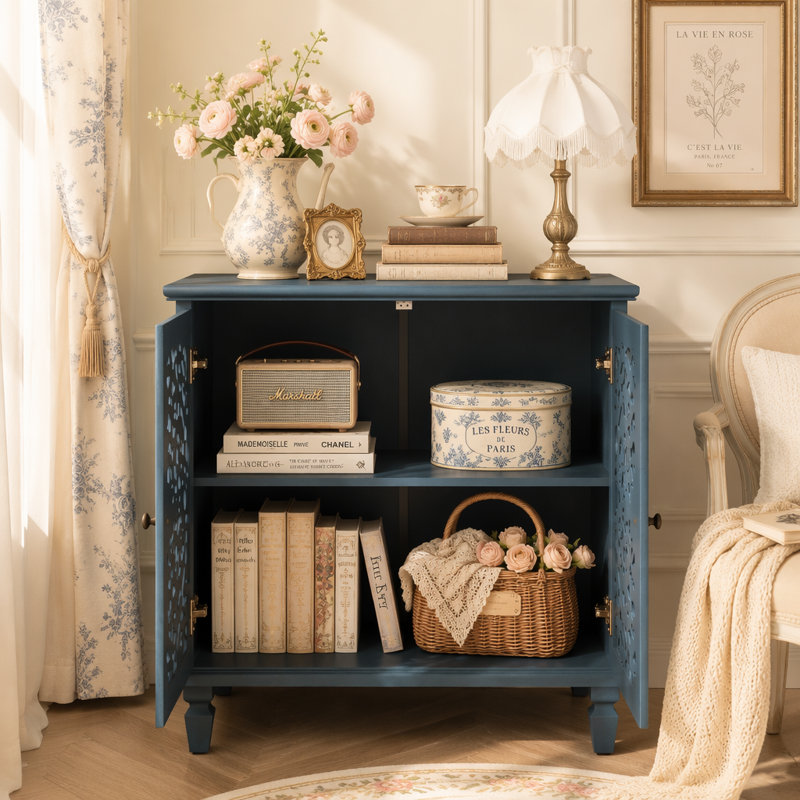 Armoire décorative, armoire de rangement à 2 portes, buffet avec tablette réglable et pieds en bois massif, Antique Blue