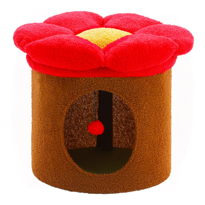 Maison pour chat avec arbre, lit troglodyte et coussin pour chat à fleurs amovible - 19,7 po x 15,7 po x 15,7 po