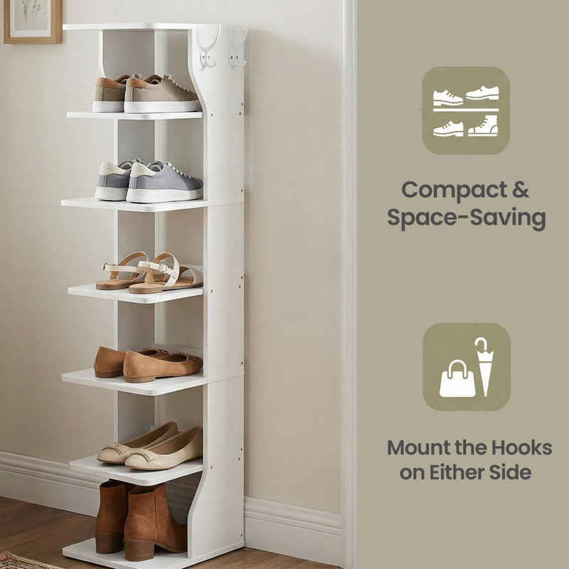 7-Tier 7 Pairs Vertical Shoe Rack, Narrow Shoe Storage Organizer with Hooks, White, 43.5" H x 10.4" W x 11.8" D