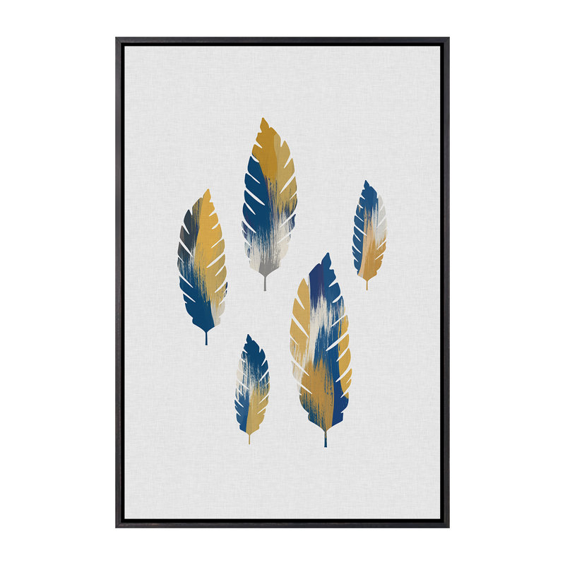 Feuilles bleues et jaunes - impression d'art graphique, H 26 po x l 18 po x 1,5 po, Toile avec cadre noir patiné