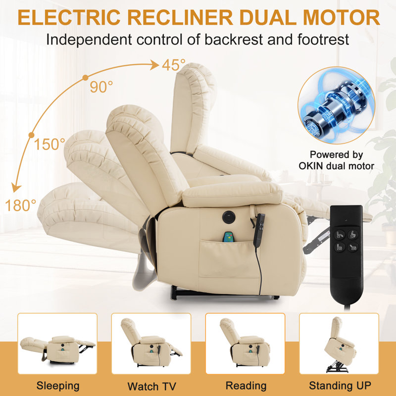 Power Lift Recliner Chair Dual Motor, Electric Leather Recliner for Elderly with Heat and Massage, Beige