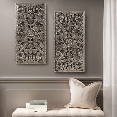 Décoration murale 2 pièces - Décoration d'intérieur en bois patiné à motif de fleurs de lotus l 15,75 po x H 31,5 po x P 0,59 po x 2
