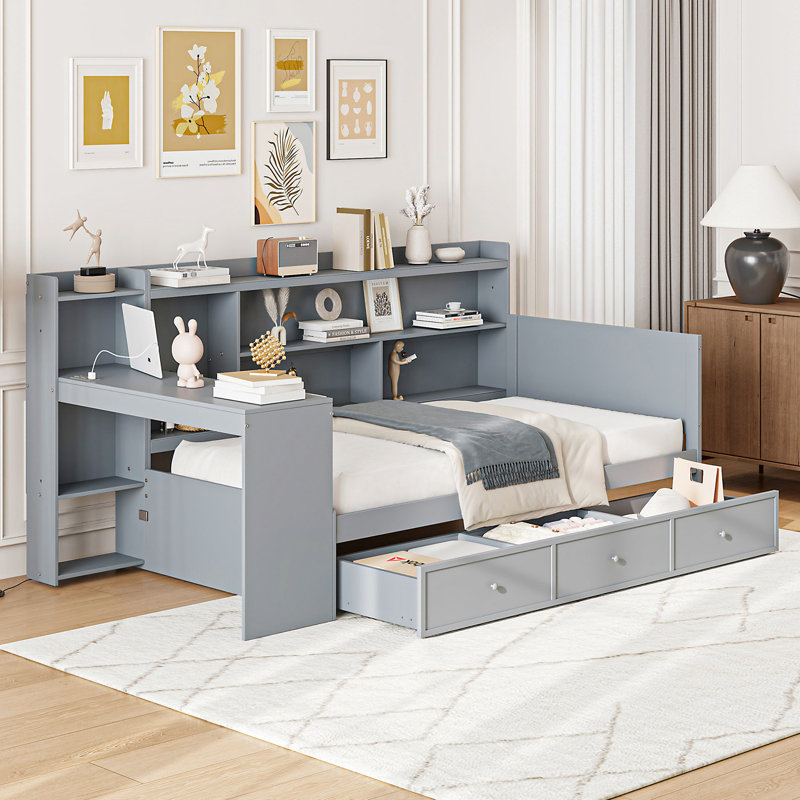 Lit de jour en bois avec 3 tiroirs de rangement et bureau - Bois de pin robuste pour une nuit de détente, Lit simple, Gris