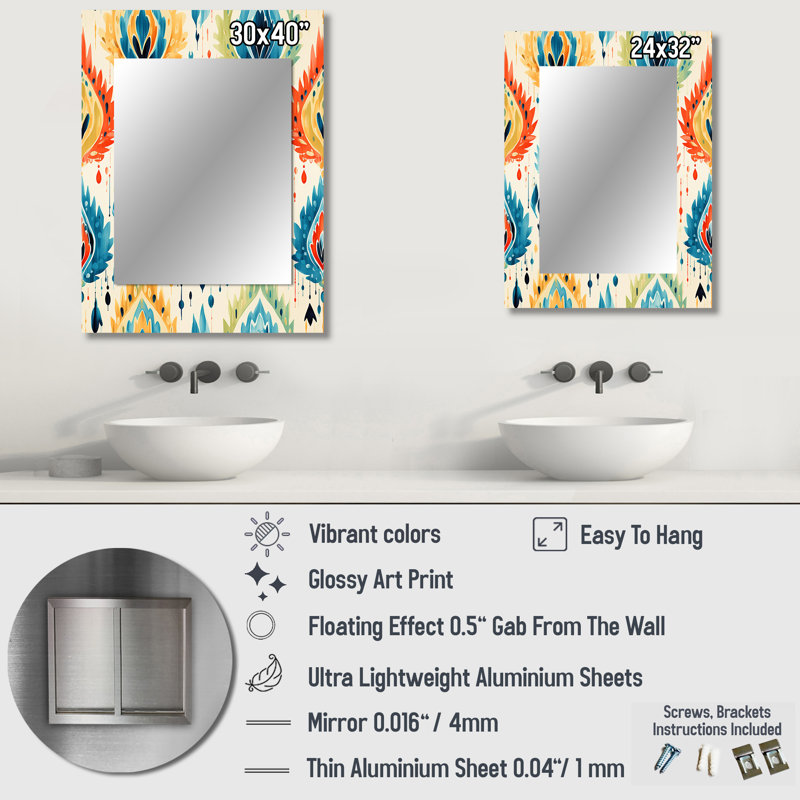 Miroir décoratif, miroir mural victorien, impression d'art en métal, 32 po x 24 po, Atta bleu et orange fusion ikat mosaïque