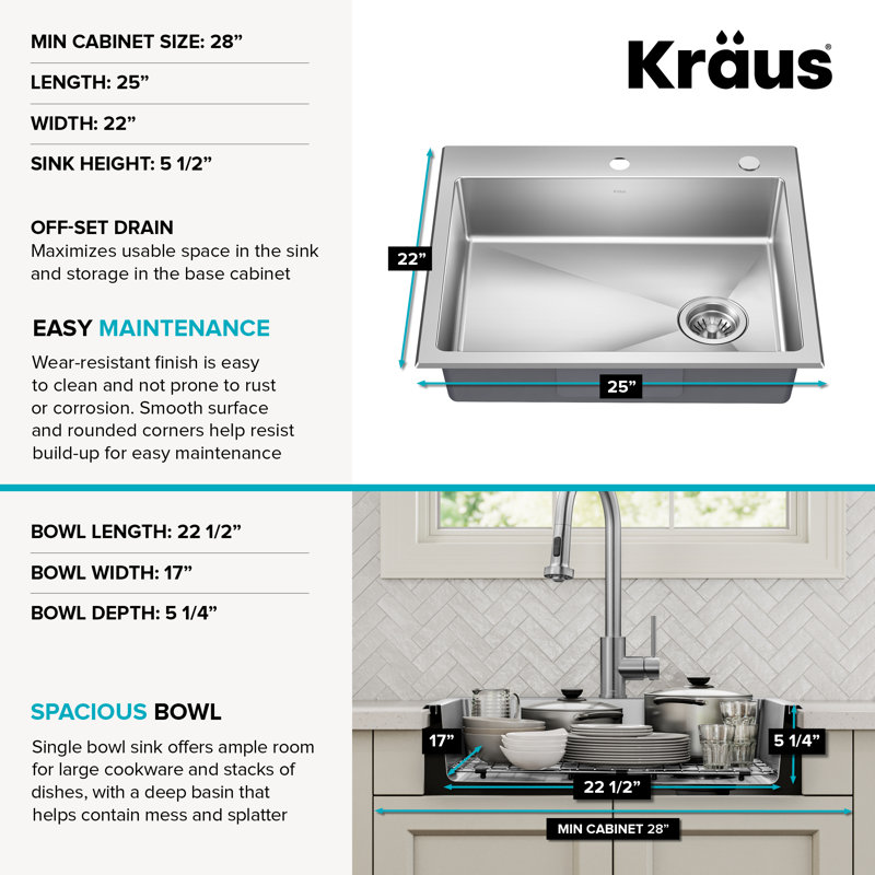 Évier de cuisine en acier inoxydable de calibre 18 encastré / encastrable KRAUS Fairlane 25 po KRAUS, Encastré