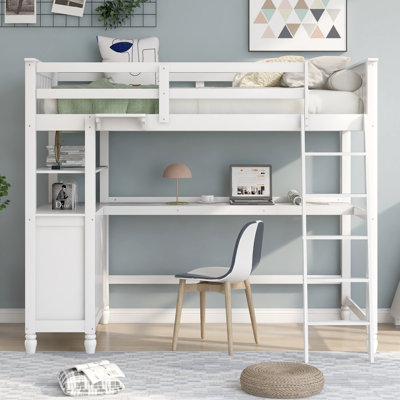 Lit mezzanine simple avec bureau, tiroirs et tablettes - Lit en bois blanc peu encombrant pour étudier et dormir les enfants