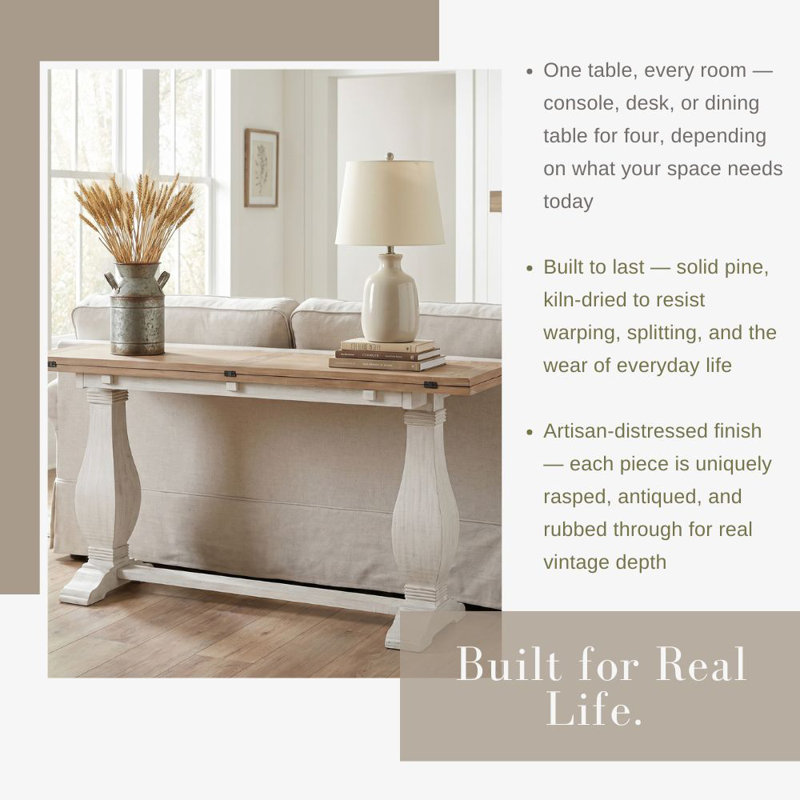 Sarcoline Solid Wood Flip-Top Sofa Console Table, White/Driftwood