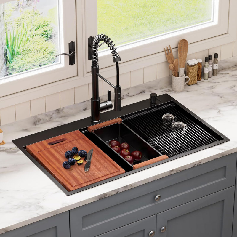 36 Inch Pure Black Stainless Steel Drop-in Kitchen Sink, 16 Gauge Pvd Nano Armor Surface Topmount Workstation Sink With Accessories & Pull-down Faucet