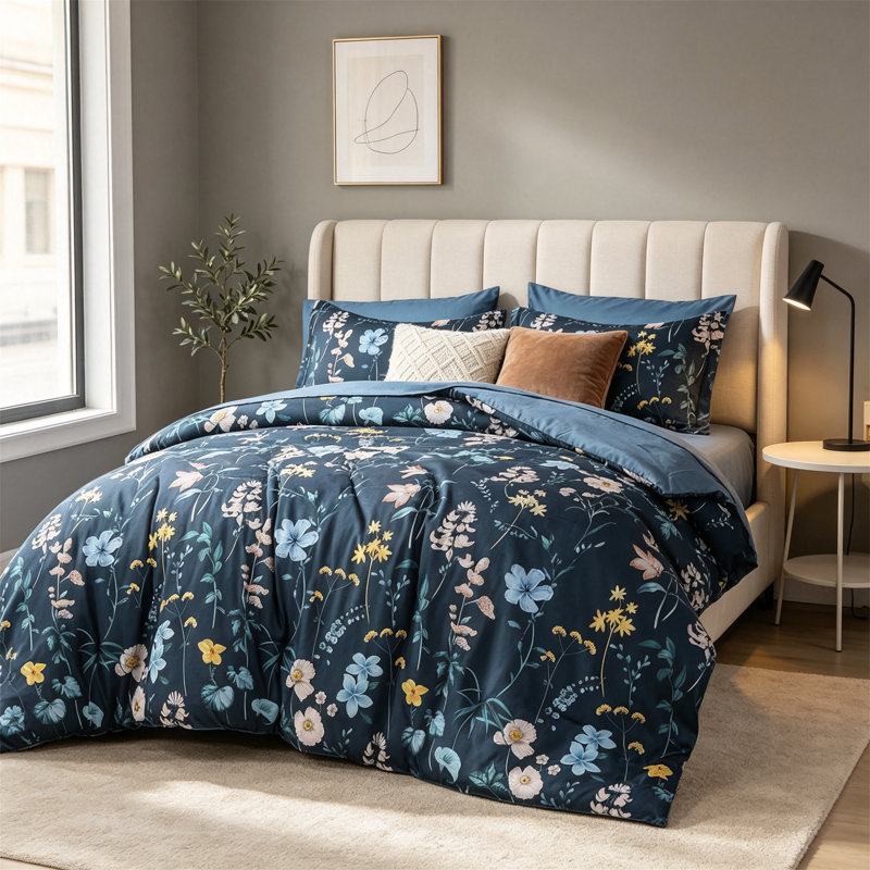 Ensemble d'édredon botanique bleu sarcelle 7 pièces dans un sac avec draps et taies décoratives