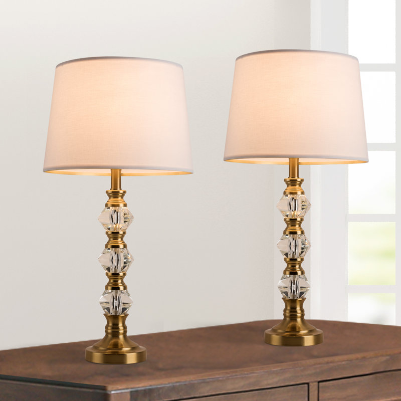 Crystal Table Lamp with Natural White Linen Shade, Vintage Rustic