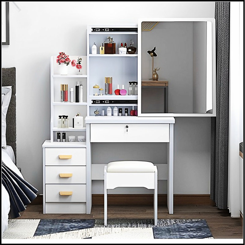 Élégant meuble-lavabo avec miroir, lumières réglables et 4 tiroirs pour le maquillage et l'organisation