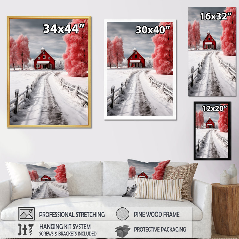 «Red and White Winters Barn», reproduction sur toile encadrée, 32" H x 16" W, Cadre naturel flottant