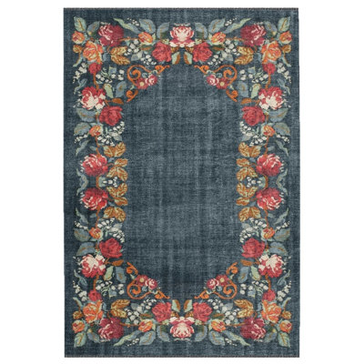 Greeves Floral Navy Machine Woven Cotton Polyester Area Rug