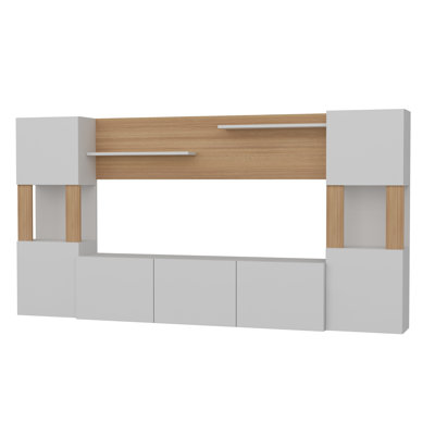 Meuble télé moderne avec capacité de fixation murale, finition blanche et teck, 63,0 x 49,2 x 12,4 pouces | Panneau de particules 100% mélaminé, nombreuses tablettes | Design élégant et fonctionnel pour le salon et les espaces de divertissement