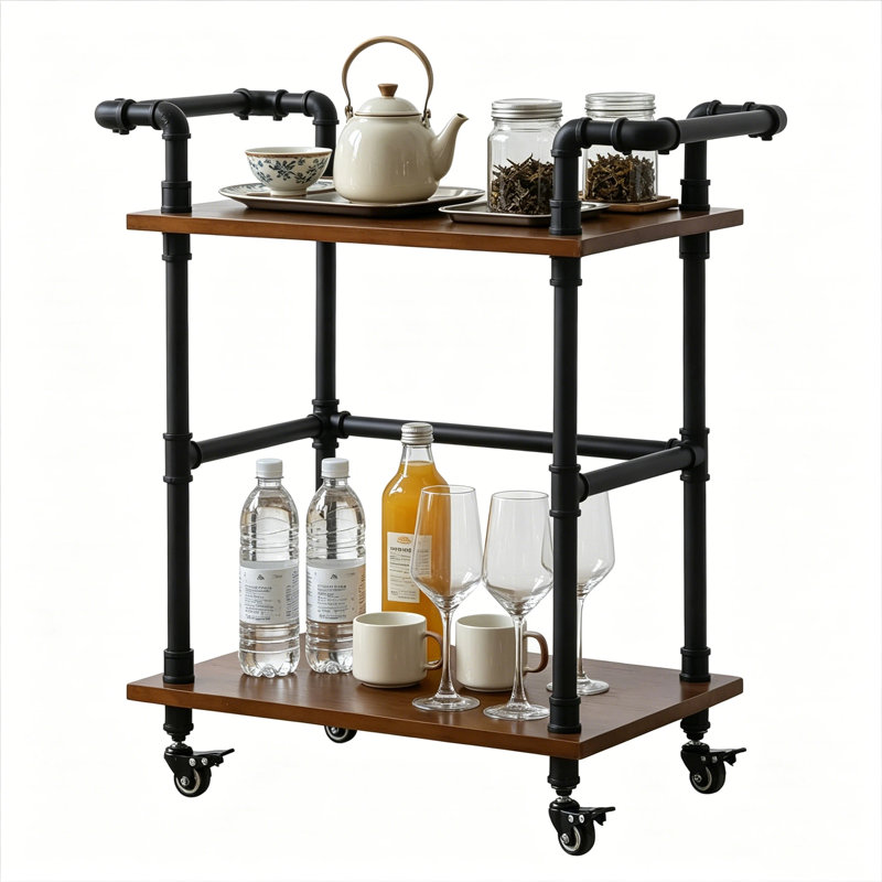 Chariot-bar industriel, chariot de service roulant à 2 niveaux avec tablettes en bois et roues verrouillables, chariot-bar mobile rustique pour la cuisine à la maison, le salon, la réception, le café et le vin