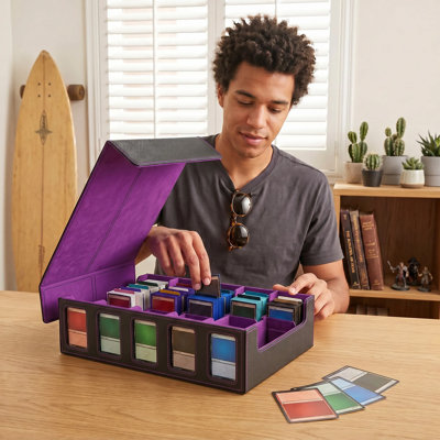 Premium PU Leather Trading Card Storage Box, Velvet Lined 5-Row Organizer for TCG Sports Game Cards, Black Purple with Dividers Sleeves Toploaders